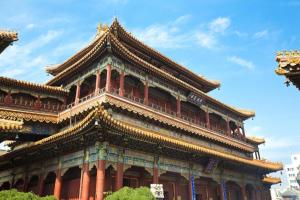 a large building with a pagoda at GreenTree Inn Express Beijing Dongcheng District Beixinqiao Metro Station Gui Street in Beijing