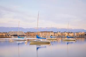 um grupo de barcos está ancorado num porto em Adina Apartment Hotel Geneva em Genebra