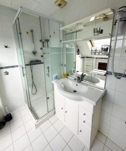 La salle de bains est pourvue d'un lavabo et d'une douche. dans l'établissement Maison de l'Anse, plage à 100m, à Névez