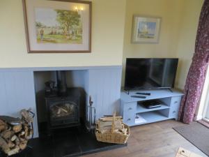 a living room with a television and a stove at Rowan House in Hunstanton