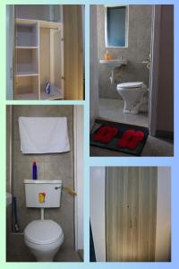 four pictures of a bathroom with a toilet and a sink at DefiniteHomes1 - Fully furnished studio with a rooftop restaurant near JKIA Airport, Downtown Nairobi in Nairobi