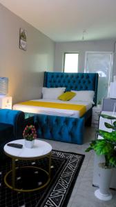 a bedroom with a blue couch and a bed at DefiniteHomes1 - Fully furnished studio with a rooftop restaurant near JKIA Airport, Downtown Nairobi in Nairobi