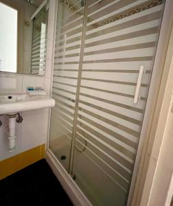 a shower with a glass door in a bathroom at Apartamentos Ubaga in Ezcaray