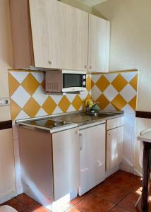 a small kitchen with a sink and a microwave at Apartamentos Ubaga in Ezcaray