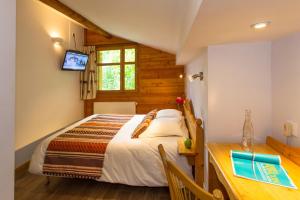 a bedroom with a bed and a desk and a television at Hotel-Restaurant Spa Les Peupliers in Baratier