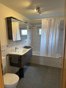 y baño con lavabo, aseo y ducha. en Wohnung in idyllischer Lage en Ammerbuch