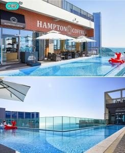 two pictures of a hotel with a swimming pool at Mansion216, Haeundae Beach new residence in Busan