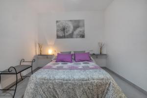 a bedroom with a large bed with purple pillows at Jade Central Apto & Two Patios in Córdoba