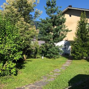 a yard with two pine trees and a house at Casa Silvia in Gordevio +9 photos