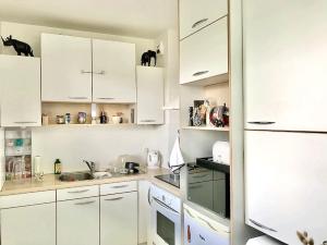kuchnia z białymi szafkami i czarnymi kotami na półkach w obiekcie L'Artiste w mieście Soisy-sous-Montmorency