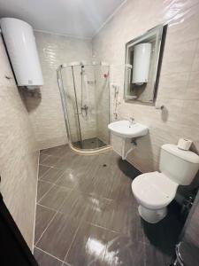 La salle de bains est pourvue de toilettes, d'un lavabo et d'une douche. dans l'établissement Tryavna Lake Hotel & SPA, à Tryavna