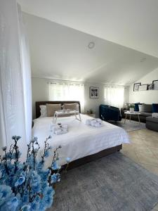 um quarto com uma cama e uma sala de estar em Apartments Pribilovic em Budva