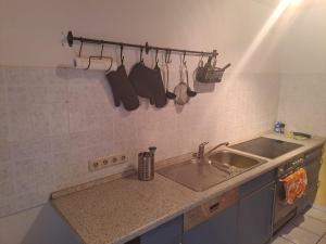 uma cozinha com um lavatório e uma bancada em Zentrale 3-Zimmer-Ferienwohnung em Ilmenau