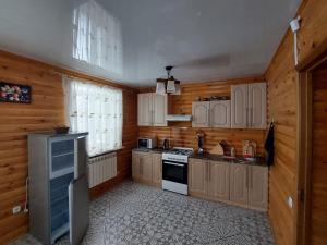 a kitchen with wooden walls and a stove top oven at Krona Borovoe in Barmashino