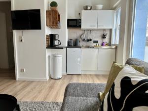 ein Wohnzimmer mit einer Küche mit weißen Schränken in der Unterkunft Gästeapartement Markkleeberg in Markkleeberg