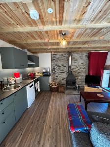 a kitchen with a living room with a stove at Yr Ysgubor Converted milking parlour in Llandysul