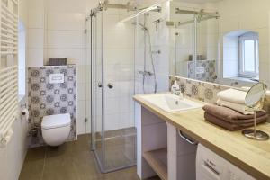 a bathroom with a shower and a toilet and a sink at Hexenhaus in Rietz Neuendorf