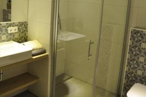 a bathroom with a glass shower and a sink at Alte Scheune in Rietz Neuendorf