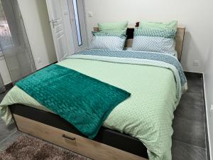 1 dormitorio con 2 camas con almohadas verdes y azules en Soleil, en Sevran