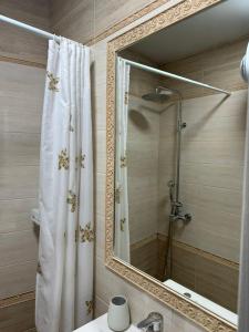 a bathroom with a shower curtain and a mirror at Апартамент Градски Парк in Dobrich