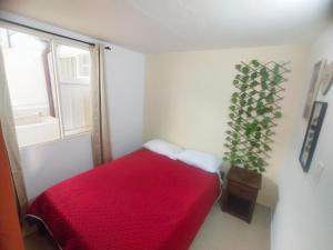 a bedroom with a red bed and a plant at Apartamento Familiar Privado 101 Con Baño Cocina Tv Wifi Sala in Salento