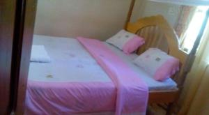 Schlafzimmer mit einem Bett mit rosa Bettwäsche und Kissen in der Unterkunft Trinity Guest House in Jinja