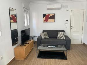 - un salon avec un canapé et une télévision dans l'établissement Alojamientos con encanto a orillas del Manzanares, à Madrid