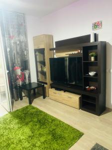 sala de estar con TV y alfombra verde en ModernStudio, en Bragadiru