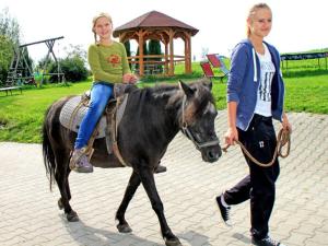 two young girls riding a horse with a man walking at Attractive apartment in Bavaria in Schöllnach
