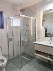 un bagno con doccia, WC e lavandino di Altos de Huellahue a Panguipulli