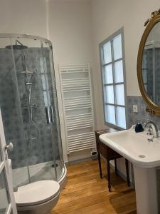 uma casa de banho com um chuveiro, um WC e um lavatório. em Castel Saint Laurent em Langeais