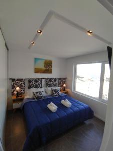 1 dormitorio con cama azul y ventana grande en Rincon del Beagle en Ushuaia
