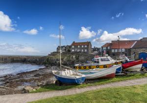 three boats sitting on the grass near the water at Fenkle in Alnwick