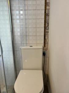 a white toilet in a bathroom with white tiles at Garden-Goretti House in Mairena del Aljarafe