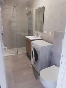 een badkamer met een wasmachine en een toilet bij Charmant studio au calme in Thonon-les-Bains