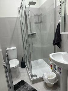 e bagno con doccia, servizi igienici e lavandino. di Spacious 4 bedroom house in the city of London a Londra