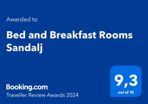 Certifikát, hodnocení, plakát nebo jiný dokument vystavený v ubytování Bed and Breakfast Rooms Sandalj