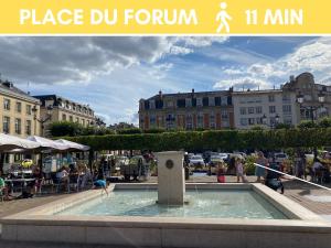 una fuente en una plaza en una ciudad con edificios en Le Rémois - PARKING - Cour privative - WIFI, en Reims