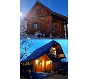 two pictures of a log cabin at Brvnare Na Brdu in Šljivovica