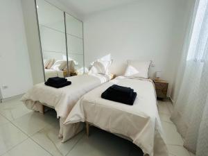 two beds in a room with a mirror at Villa Climatisée avec Piscine partagée , Terrasse et Parking in Prunelli-di-Fiumorbo +42 photos