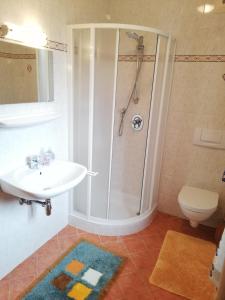 La salle de bains est pourvue d'une douche, d'un lavabo et de toilettes. dans l'établissement Ferienhaus Karin, à Rieding