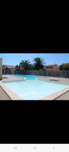 a large blue swimming pool with palm trees in the background at Villa 6p piscine spa privatif wifi proche des plages in Le Barcarès