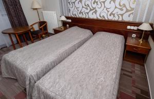 una stanza d'albergo con due letti e una sedia di Arany Bárány Hotel a Zalaegerszeg