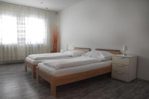 2 aparte bedden in een kamer met een raam bij Apartmán Hrušky in Hrušky