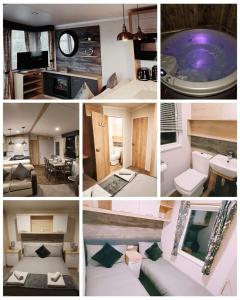 a collage of photos of a living room and a bathroom at Hillingworth's Hot Tub Retreat - Lochmaben in Dumfries