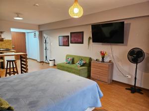 1 dormitorio con 1 cama y TV en la pared en Espaciosos y lindos mini apartamentos, en Lima