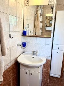 ein Badezimmer mit einem weißen Waschbecken und einem Spiegel in der Unterkunft Pokoje na Zaciszu - Metro Zacisze in Warschau