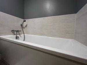 a bath tub with a shower in a bathroom at Riverside one bedroom flat in Bridge of Allan