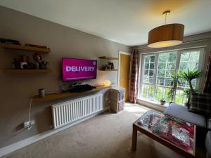 a living room with a tv and a couch at Riverside one bedroom flat in Bridge of Allan