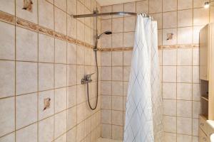a shower with a shower curtain in a bathroom at Haus Zum Rochusberg 1 in Bingen am Rhein